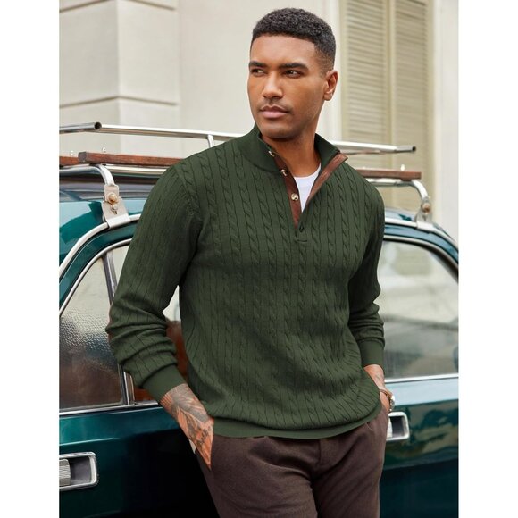 Men's Cable Knitted Pullover Sweaters Long Sleeve Stand Collar Button Up Green - Picture 3 of 6